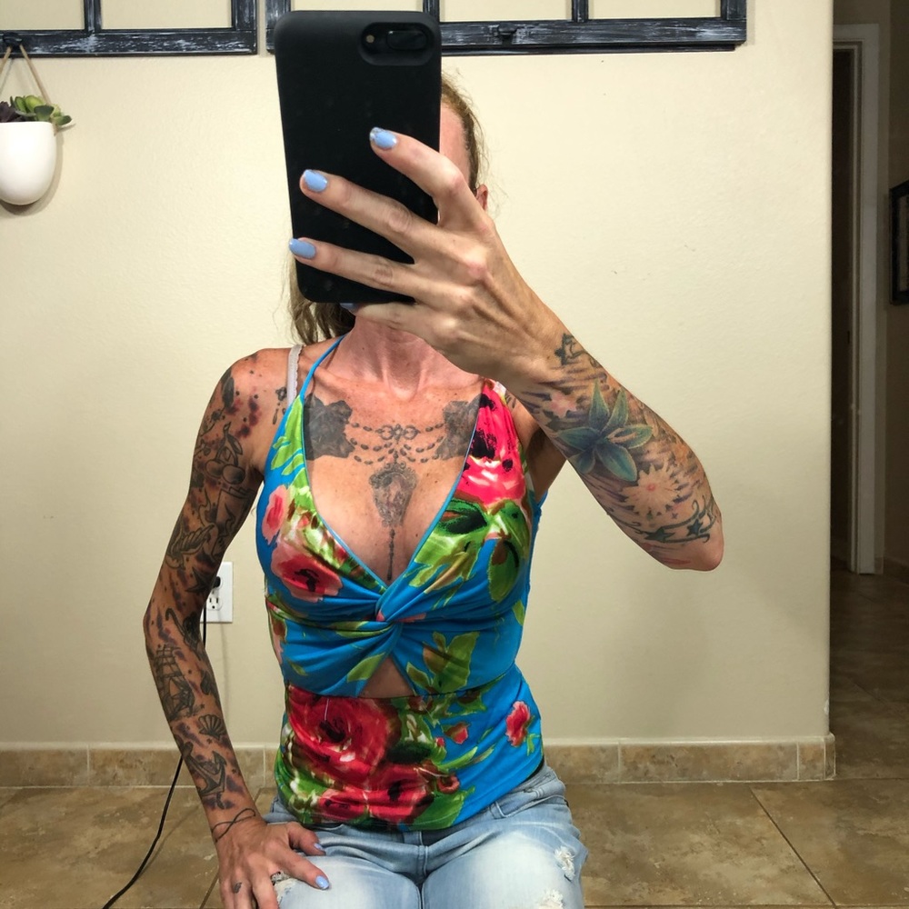 Blue Floral Tank Top with Strappy Back